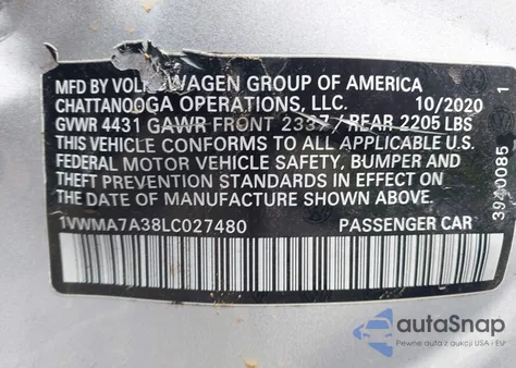 2020 Volkswagen Passat 2.0T R-Line z USA, uszkodzony, nr VIN 1VWMA7A38LC027480